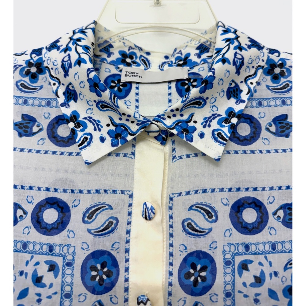 Tory Burch Pisces Dream Printed Shirt Dress Midi Blue Floral Paisley Bandana S - Picture 4 of 16